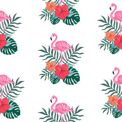 Beautiful seamless vector tropical pattern with Hibiscus flower, flamingo bird, palm leaves and monstera leaves on white background. Abstract tropical summer texture