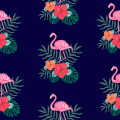 Beautiful seamless vector tropical pattern with Hibiscus flower, flamingo bird, palm leaves and monstera leaves on white background. Abstract tropical summer texture