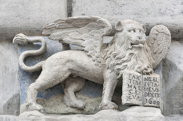 The winged Lion holding gospel with inscription PAX TIBI MARCE EVANGELISTA MEVS (May Peace be with you Mark my evangelist) in Lviv, Ukraine
