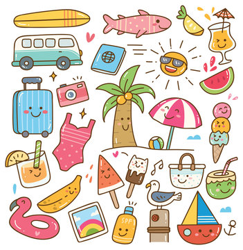 Various summer related object in kawaii style illustration