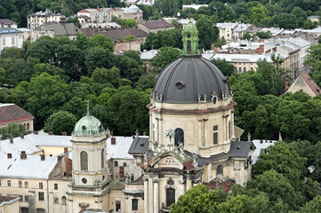 The St. Eucharist Church, the former Dominican Church, seen from the town hall in Lviv, Ukraine 