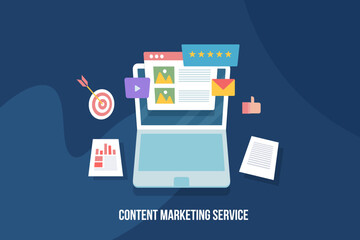 Content marketing service, commercial business blogging, digital content promotion concept. Targeting audience with content marketing strategy.  Flat design web banner template.