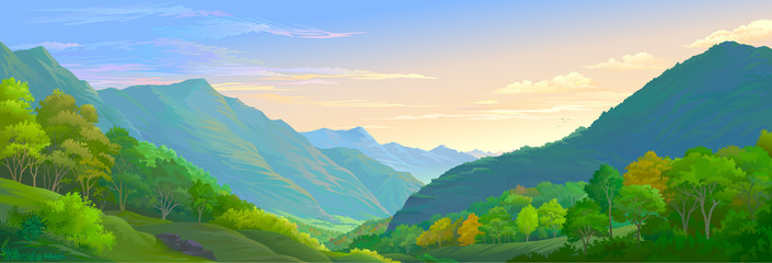 A detailed illustration of the mountain landscape with meadows and trees.
