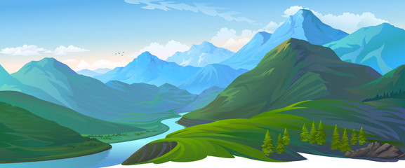 A landscape of a green valley and the blue mountains. A river flowing into the hills. 