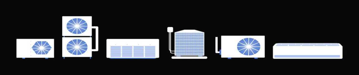 Air conditioner or air conditioning and air compressor part of hvac system vector icon set design isolated on black