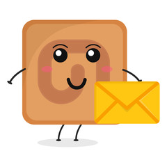 Cute flat cartoon biscuit holding an envelope illustration. Vector illustration of cute biscuit with a smiling expression.
