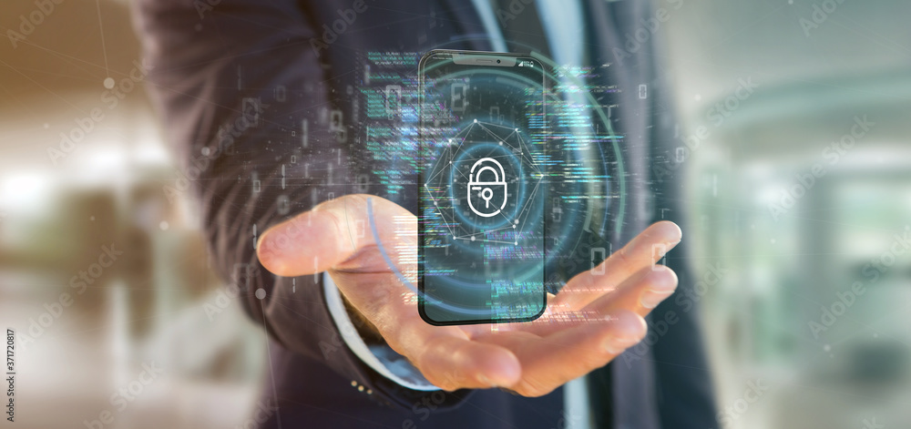 Poster businessman holding security data and smartphone security - 3d rendering