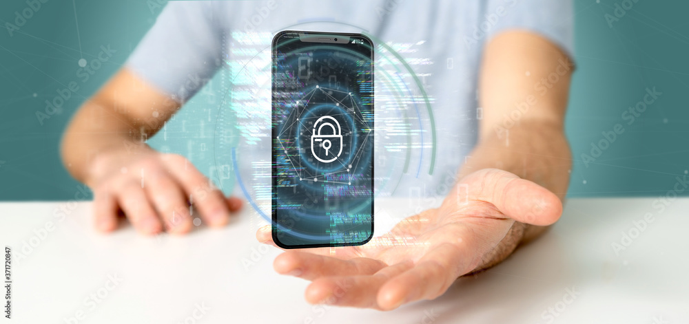 Poster businessman holding security data and smartphone security - 3d rendering