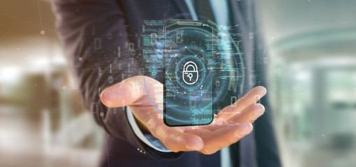 Businessman holding Security data and smartphone security - 3d rendering