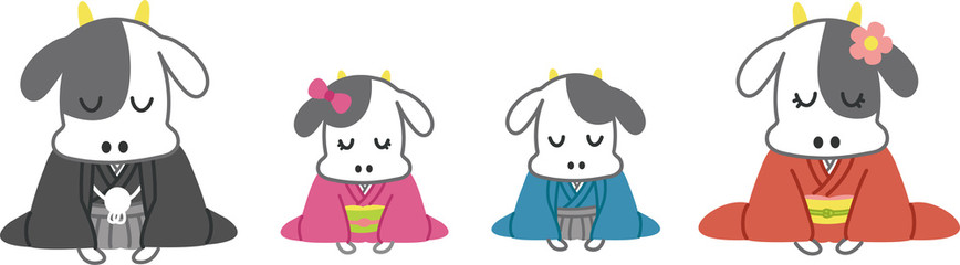 お辞儀をする着物姿の牛の家族