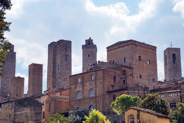 view of the old town San Gimignano and its towers at the province of Siena. Tuscany, Italy