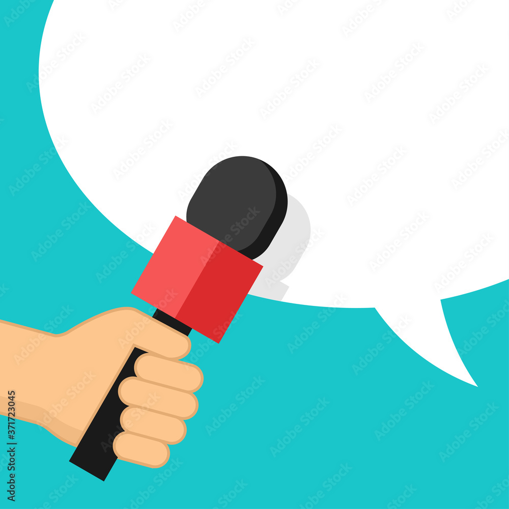 Poster media interview or tv report - microphone in hand and dialog box on bright background - vector templ
