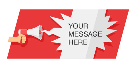 Hand holding loudspeaker (megaphone) with dialog speech bubble in star burst form on red background - vector illustration, banner or poster template