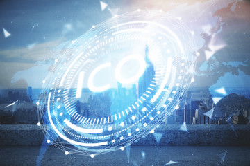 Double exposure of crypto currency theme hologram drawing and city veiw background. Concept of blockchain and bitcoin.