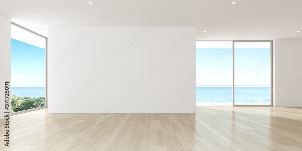 Poster modern empty room with wooden floor and large plain wall on sea background. 3d render.