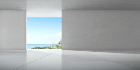 3d render of empty room with concrete wall and tile floor on sea background.