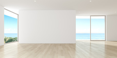 Modern empty room with wooden floor and large plain wall on sea background. 3d render.