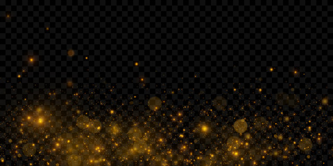 Sparkling golden particles, glowing bokeh lights isolated on dark transparent background	