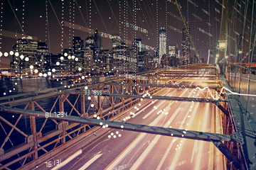 Fototapeta na wymiar Data theme hologram drawing on city view with skyscrapers background double exposure. Ai concept.