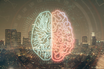 Brain hologram drawing on city scape background Double exposure. Brainstorming concept.