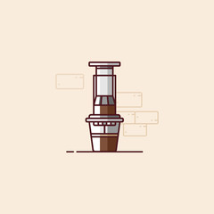 Illustration of aero press coffee set in flat style. Manual brewing coffee vector set. Glass vector. 