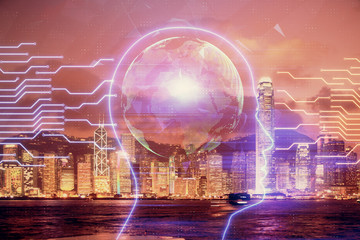 Brain hologram drawing on city scape background Double exposure. Brainstorming concept.