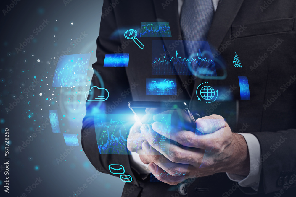 Poster man hands with smartphone, cloud computing