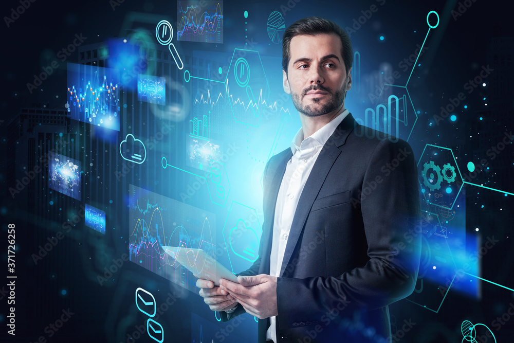 Poster man with tablet, cloud computing