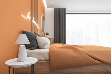 Orange bedroom with mirror, side view