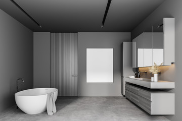 Naklejka na ściany i meble Grey bathroom interior with poster