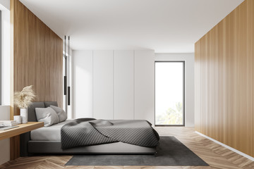 Wooden and white bedroom, side view