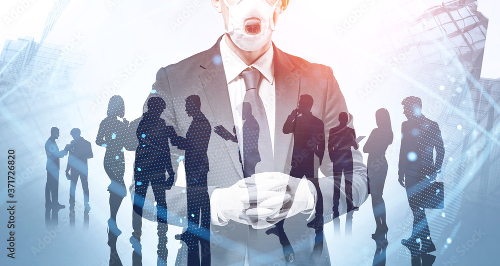 Poster man in mask and team, network interface