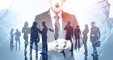 Man in mask and team, network interface