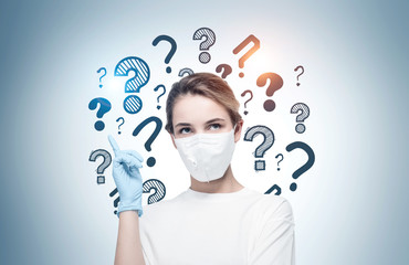Woman in protective mask and question marks