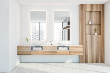 Fototapeta na wymiar White and wooden bathroom with double sink