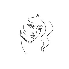 Woman abstract portrait, continuous line drawing, small tattoo, print for clothes and logo design, emblem or logo design, silhouette one single line on a white background, isolated vector illustration