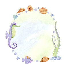 Watercolor illustration of seahorse with seashells

