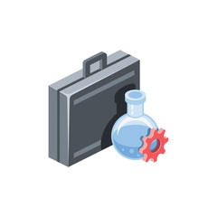 Briefcase chemistry flask gear. Vector 3d isometric, color web icons set, new flat style. Creative illustration, idea for infographics.