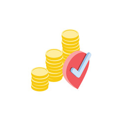 Money coins pin map check mark. Vector 3d isometric, color web icons set, new flat style. Creative illustration, idea for infographics.