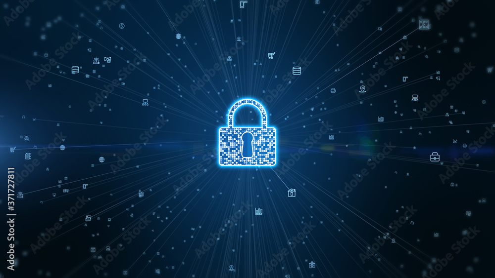 Aufkleber Lock Icon cyber security of digital data network protection. High speed connection data analysis. Technology data network conveying connectivity background concept.