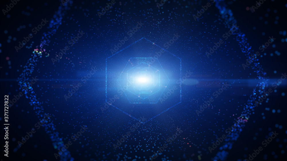 Poster hexagon digital tunnel of cyberspace with particles and lighting, technology network connections abs