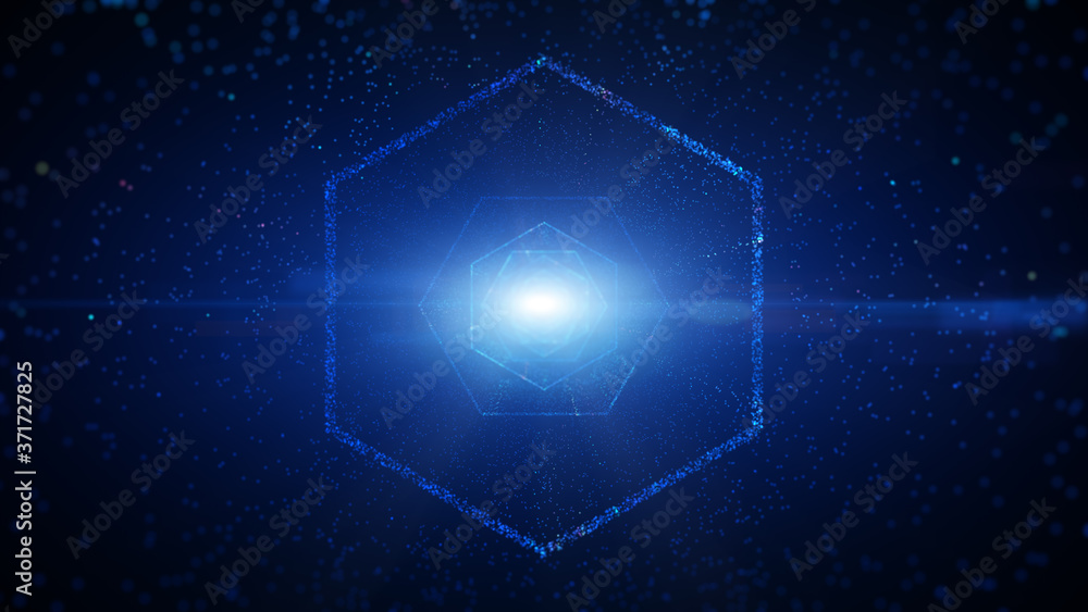 Poster hexagon digital tunnel of cyberspace with particles and lighting, technology network connections abs