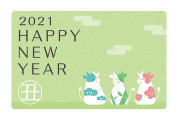 3頭の松竹梅の柄の牛のイラスト素材　2021年賀状テンプレート