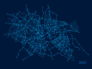 Digital city. Plan of the city Delhi in the form of an electronic scheme. Lines on blue background. Stylized line drawing