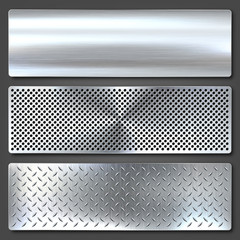 Realistic brushed metal textures set. Polished stainless steel background. Vector illustration.