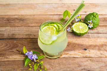herbal healthy drinks iced kaffir lime cocktail water with bergamot slice local flora of asia...