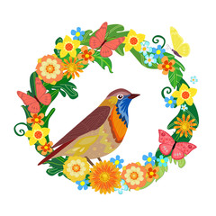 wreath of leaves with stylized summer flowers and pretty bird. v