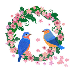 wreath of leaves with blossom sakura and cute couple of blue bir
