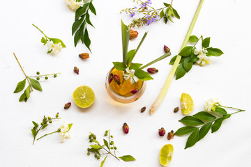 natural herbal healthy drink for cough sore mix rose tea ,lemon arrangement flat lay style with...