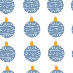 Blue ans white Christmas toy seamless pattern. Good New Year spirit. Vector hand drawn illustration.